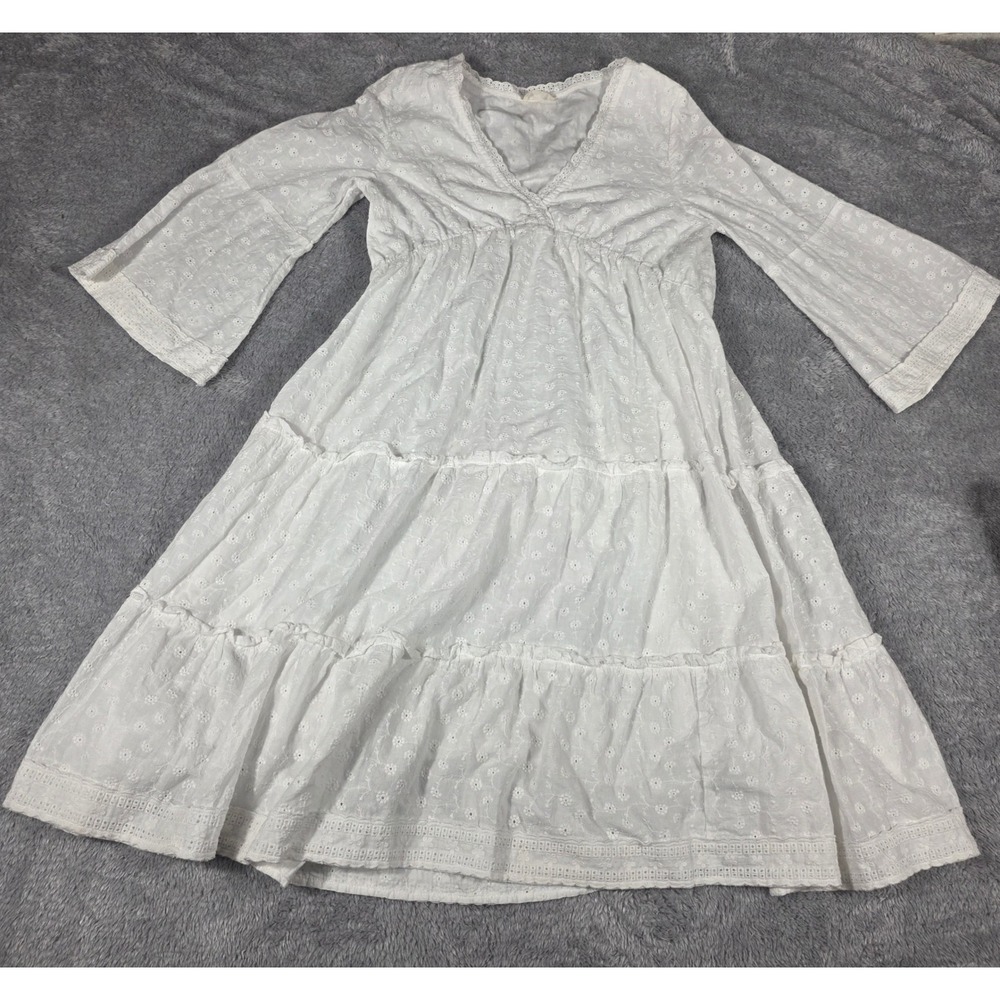Talisman Eyelet Tiered Dress Womens Small White Excellent Boho Cottagecore Lace